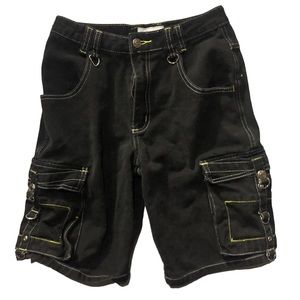 Boy’s REQUEST Black and Green Denim Cargo Shorts with Buckles and Skulls